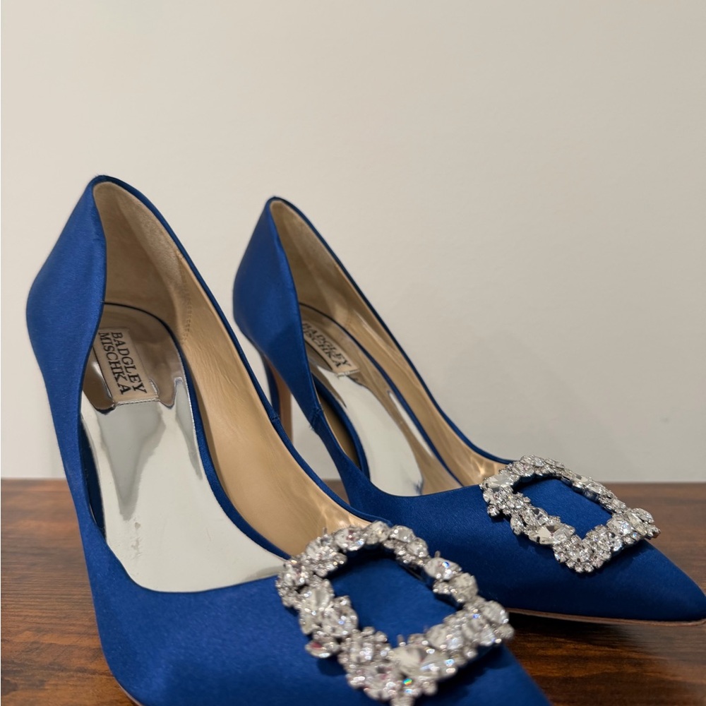 Badgley Mischka Cobalt Satin Pointed Toe Pumps with Crystal Buckle